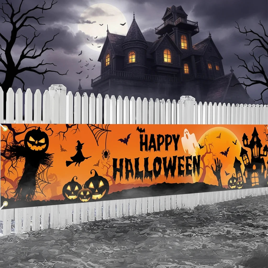 Venkovní halloweenská dekorace na oslavu – banner s dýněmi a netopýry