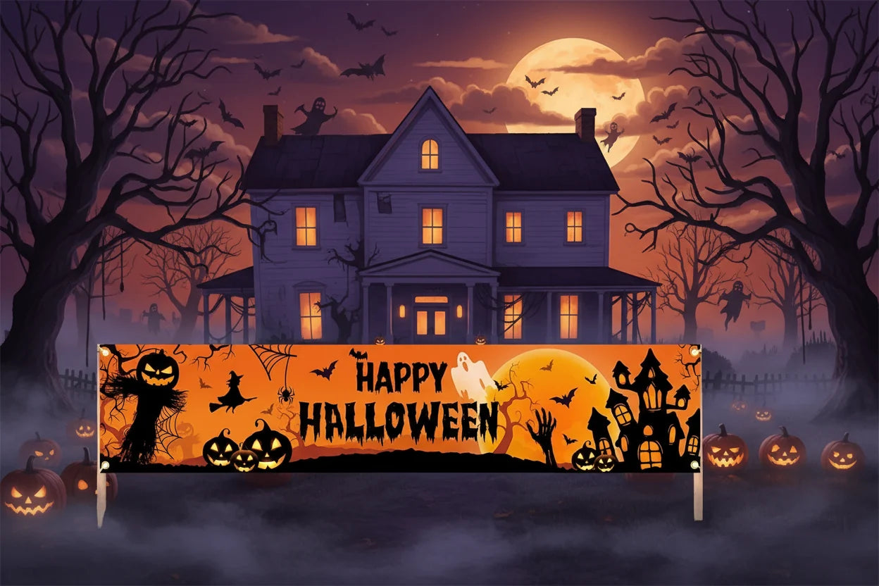 Venkovní halloweenská dekorace na oslavu – banner s dýněmi a netopýry