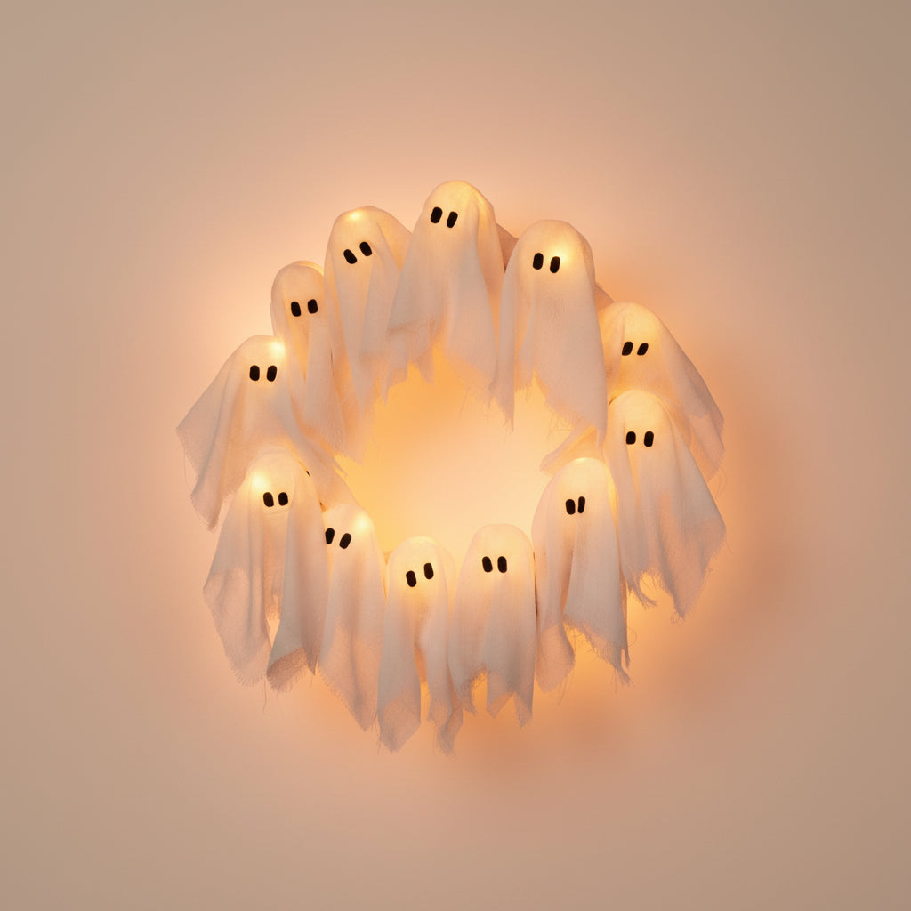 Coroană cu fantome LED, decorațiune de Halloween pentru ușă, casă luminoasă de noapte