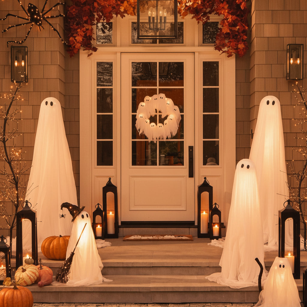 Coroană cu fantome LED, decorațiune de Halloween pentru ușă, casă luminoasă de noapte