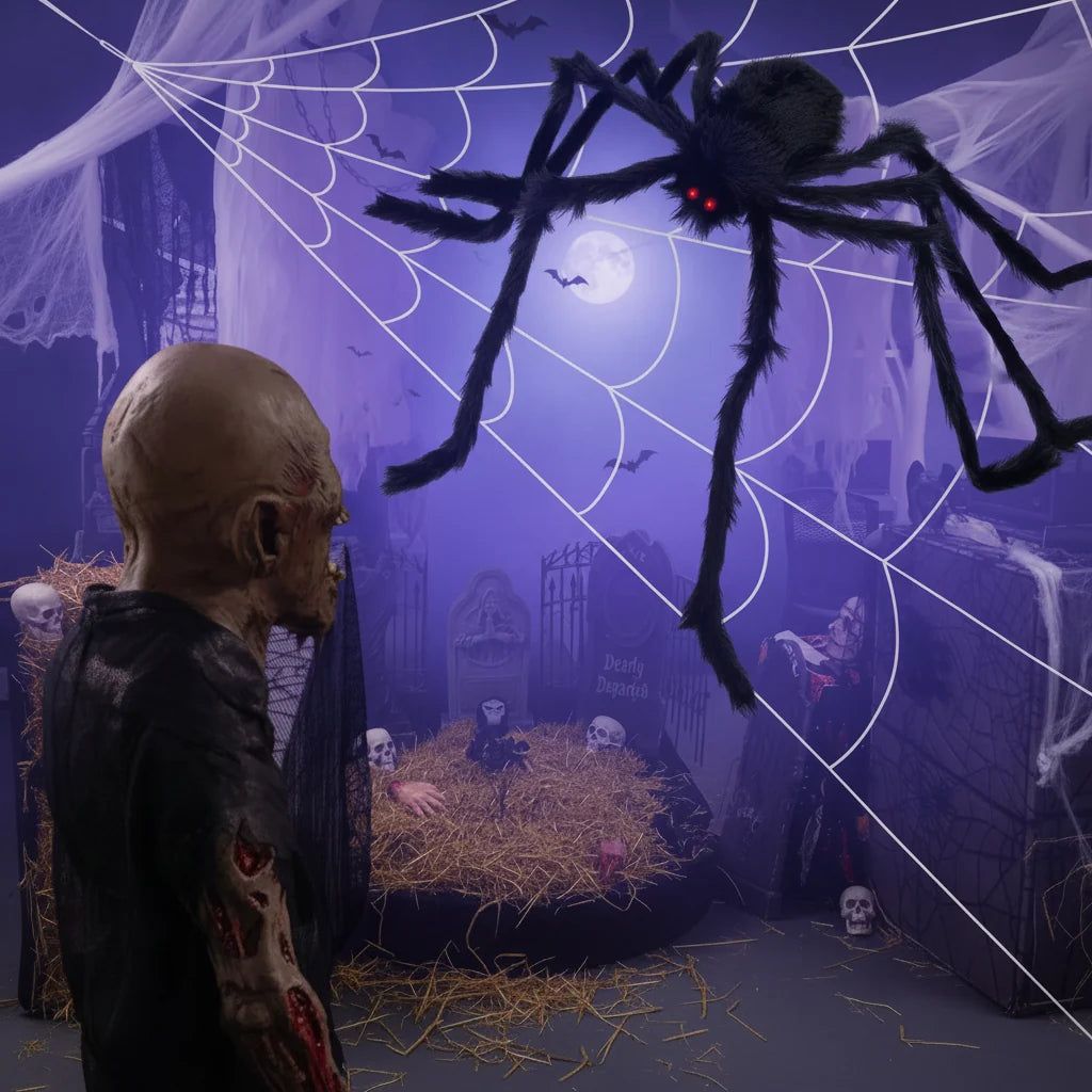 Obří pavoučí tkanina – děsivá venkovní halloweenská dekorace na noc