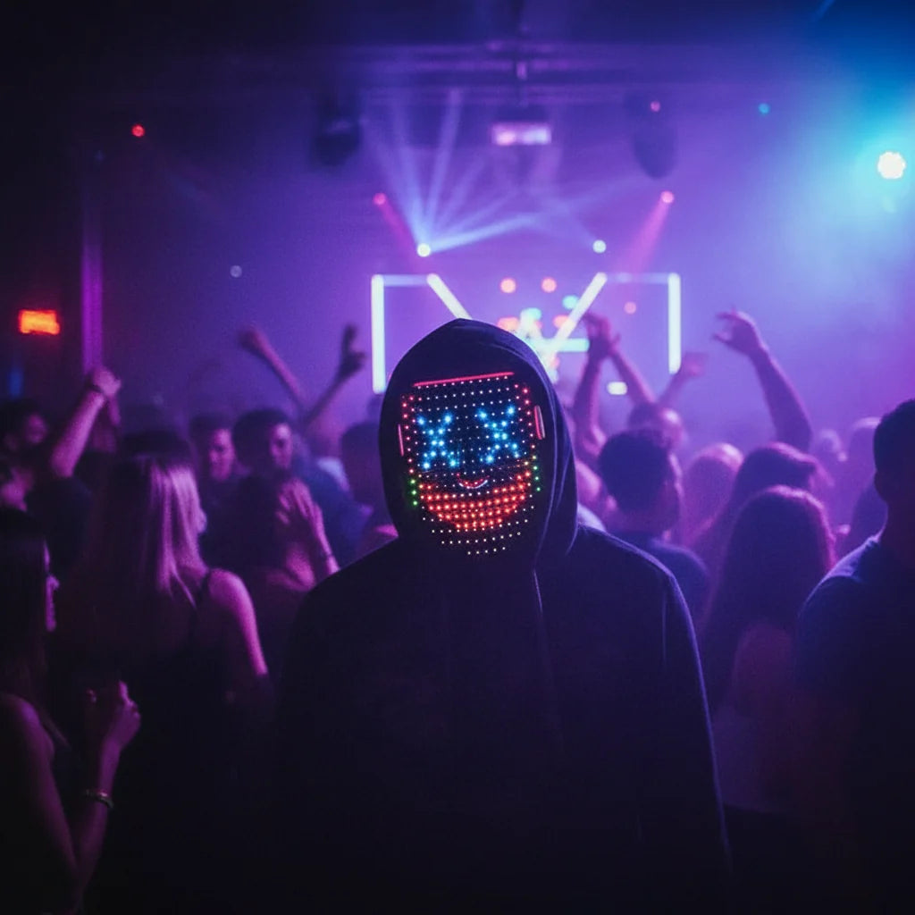 Blandet interaktiv LED-maske til Halloween, cosplay og fest med lyseffekter
