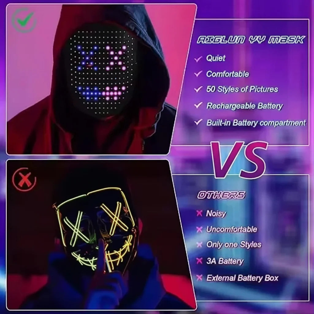 Blandet interaktiv LED-maske til Halloween, cosplay og fest med lyseffekter