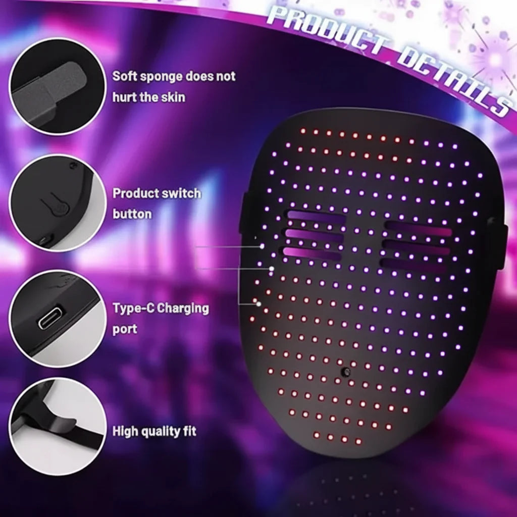 Blandet interaktiv LED-maske til Halloween, cosplay og fest med lyseffekter