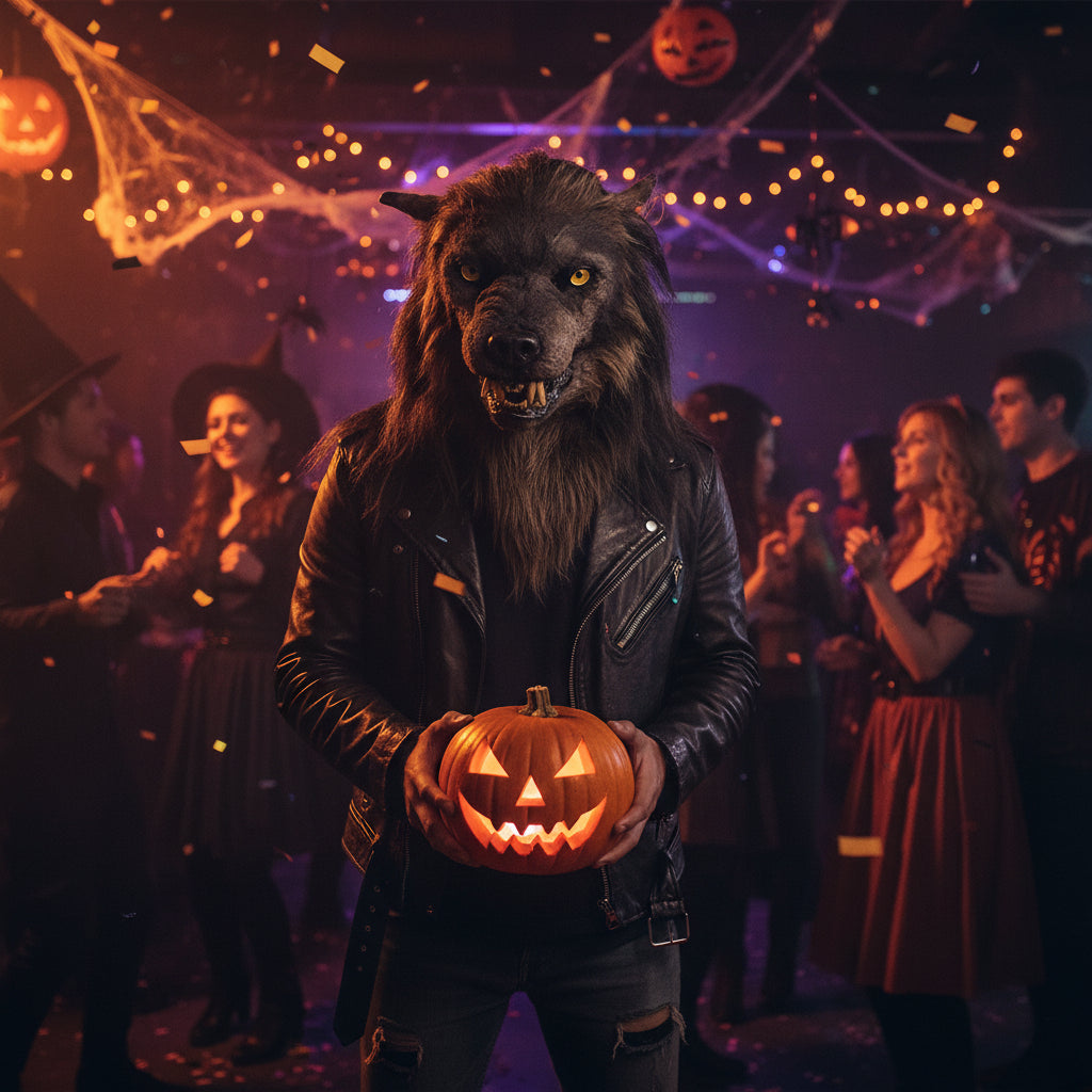 Blandet fuldt ansigtsulvemaske i pels til uhyggeligt Halloween-cosplay
