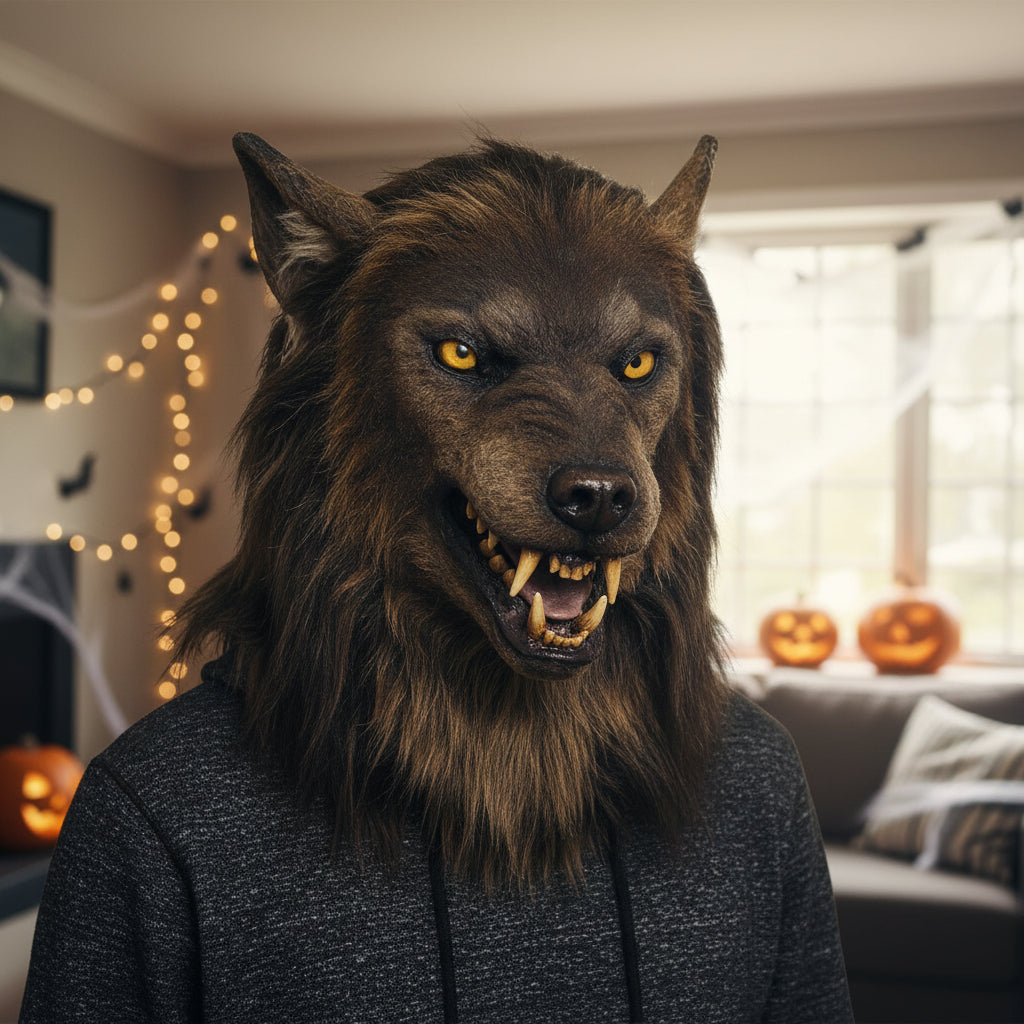 Blandet fuldt ansigtsulvemaske i pels til uhyggeligt Halloween-cosplay