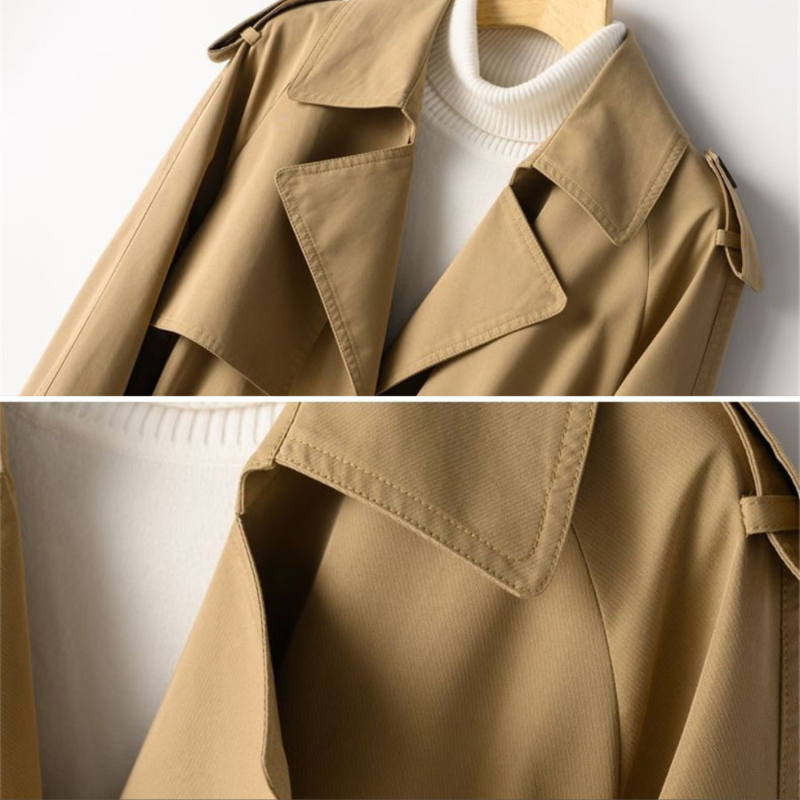 Cappotto trench lungo da donna elegante con doppio petto in cotone.