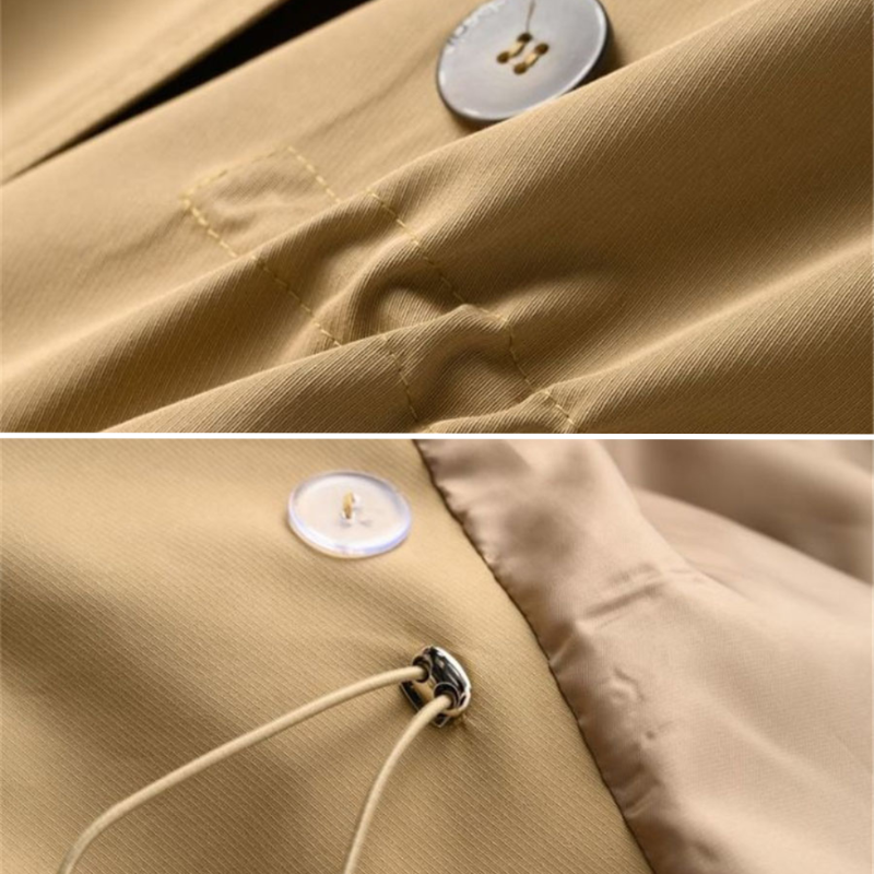 Cappotto trench lungo da donna elegante con doppio petto in cotone.