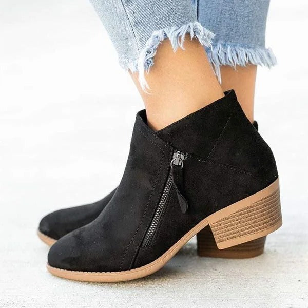 Botine de damă cu toc și platformă, cizme Chelsea din piele întoarsă cu fermoar lateral