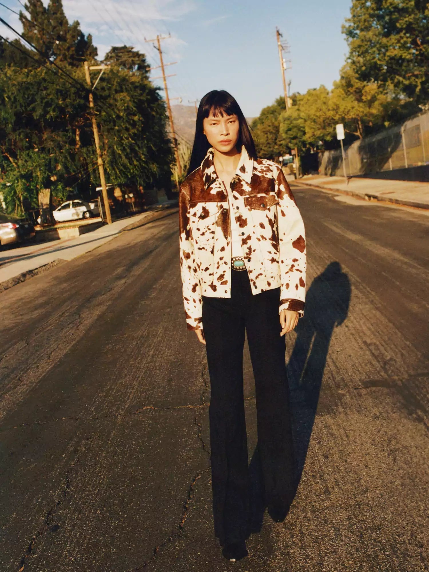 Veste Courte à Imprimé Vache avec Col Classique et Boutons Métalliques Femme