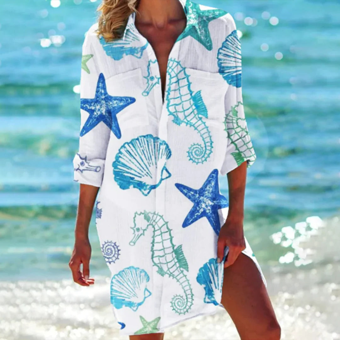 Chemise Longue de Plage Imprimé Tropical Beach Cover Up avec Col Classique Femme