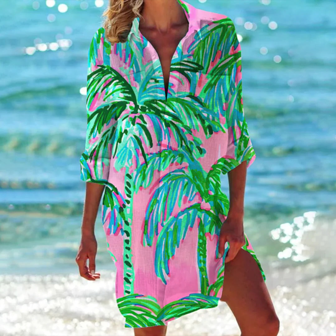 Chemise Longa de Praia Estampada Tropical com Gola Clássica para Mulher