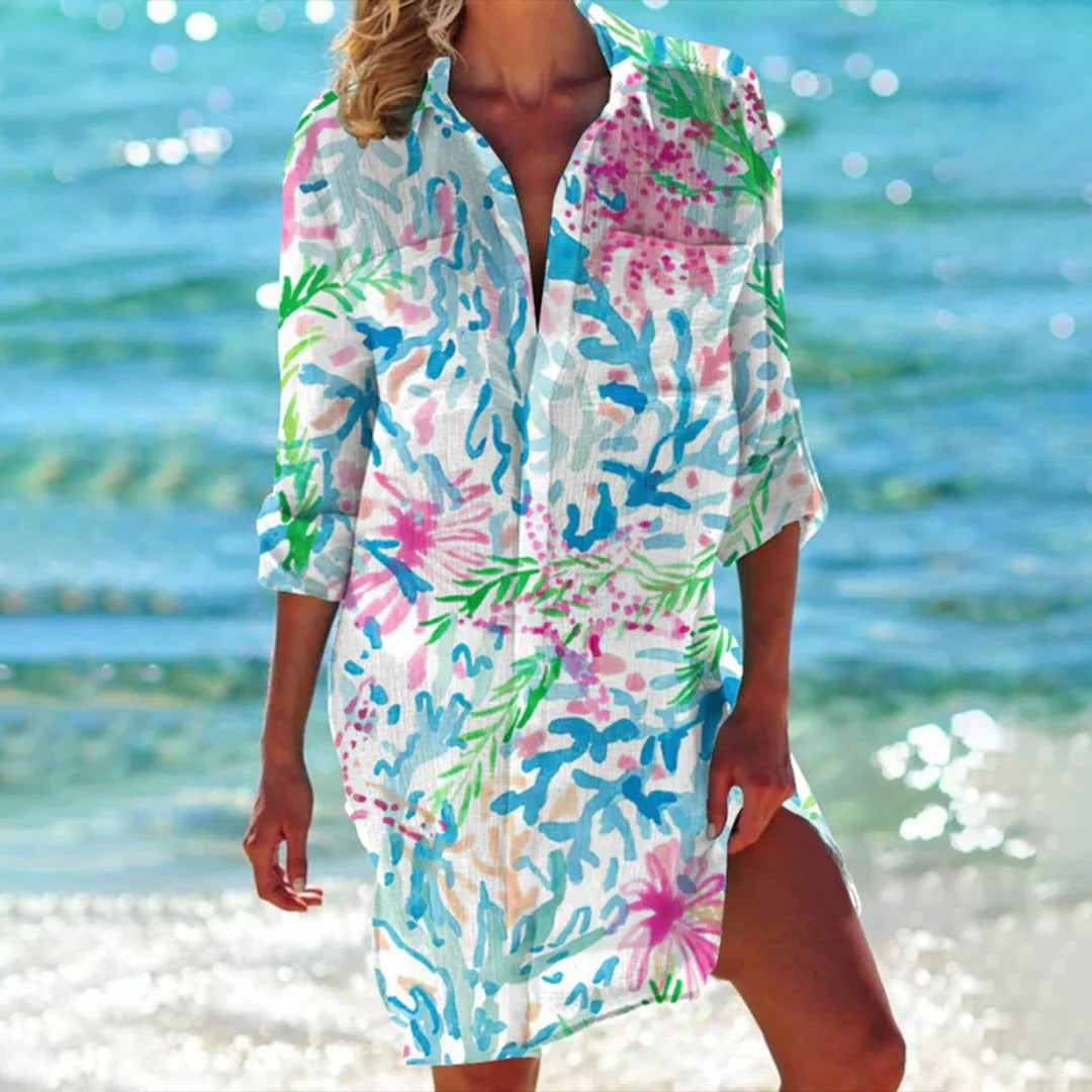 Chemise Longa de Praia Estampada Tropical com Gola Clássica para Mulher