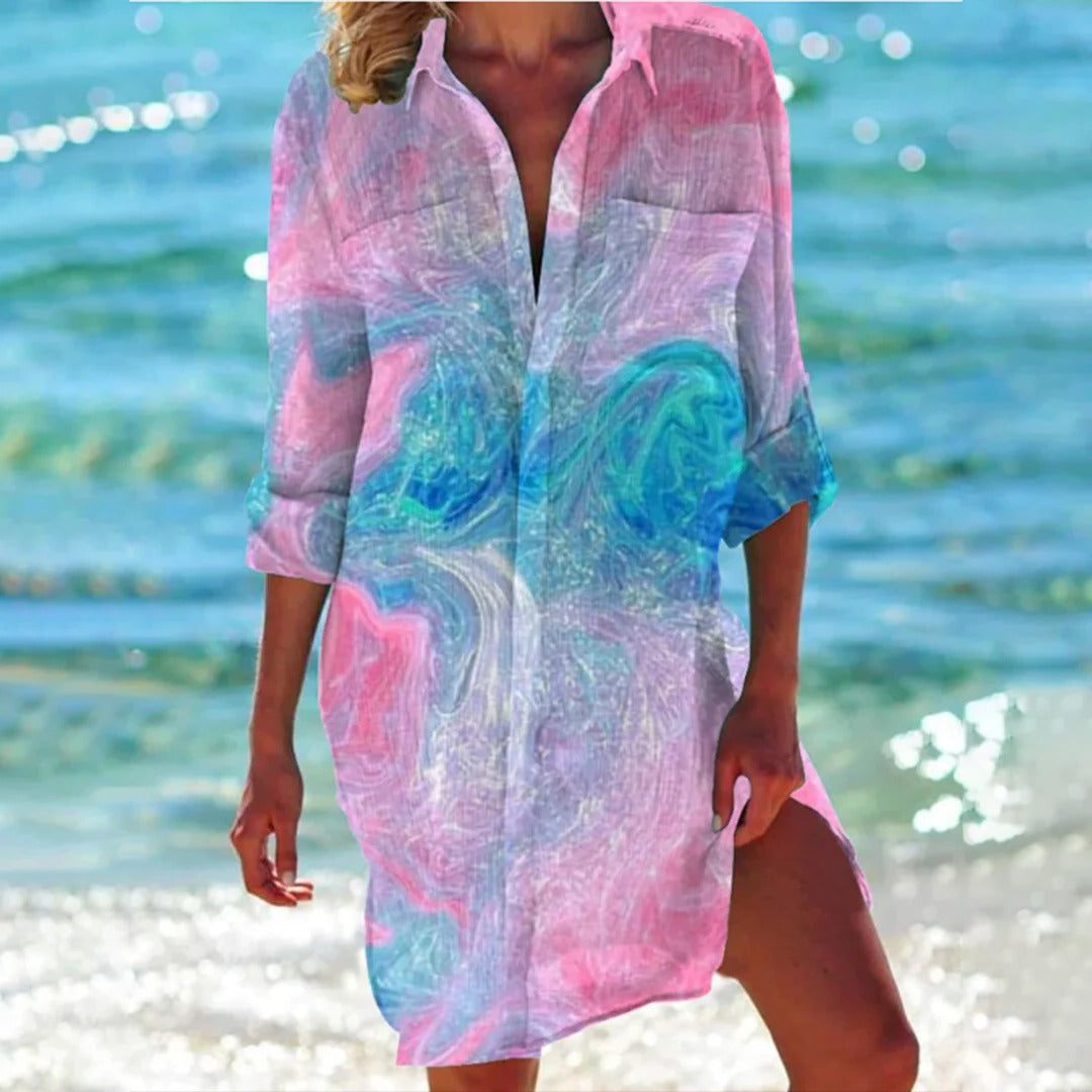 Chemise Longue de Plage Imprimé Tropical Beach Cover Up avec Col Classique Femme