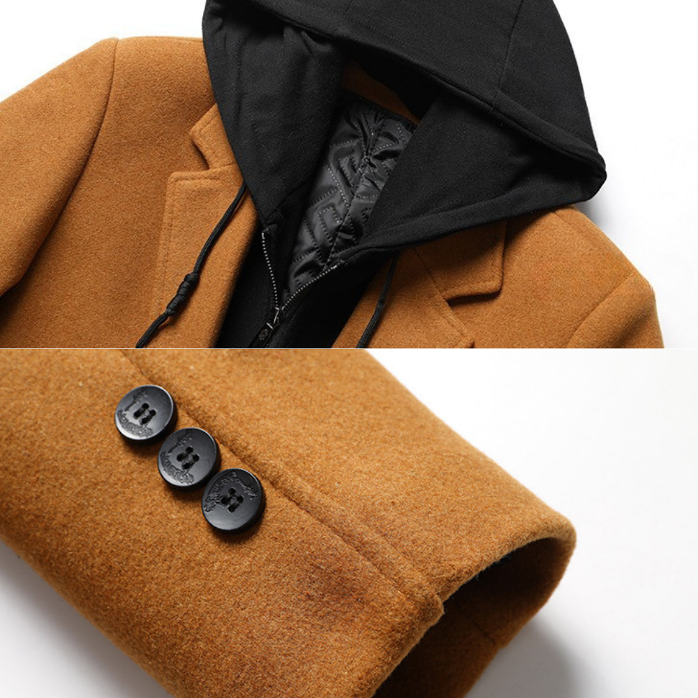 Casaco masculino para o dia a dia, lã leve, capuz integrado, fechamento com zíper, bolsos