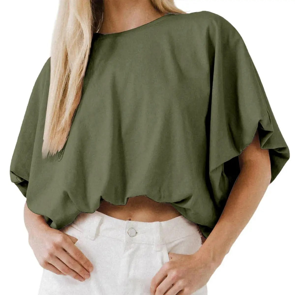 Top cropped feminino — mistura de algodão — mangas bufantes — verão