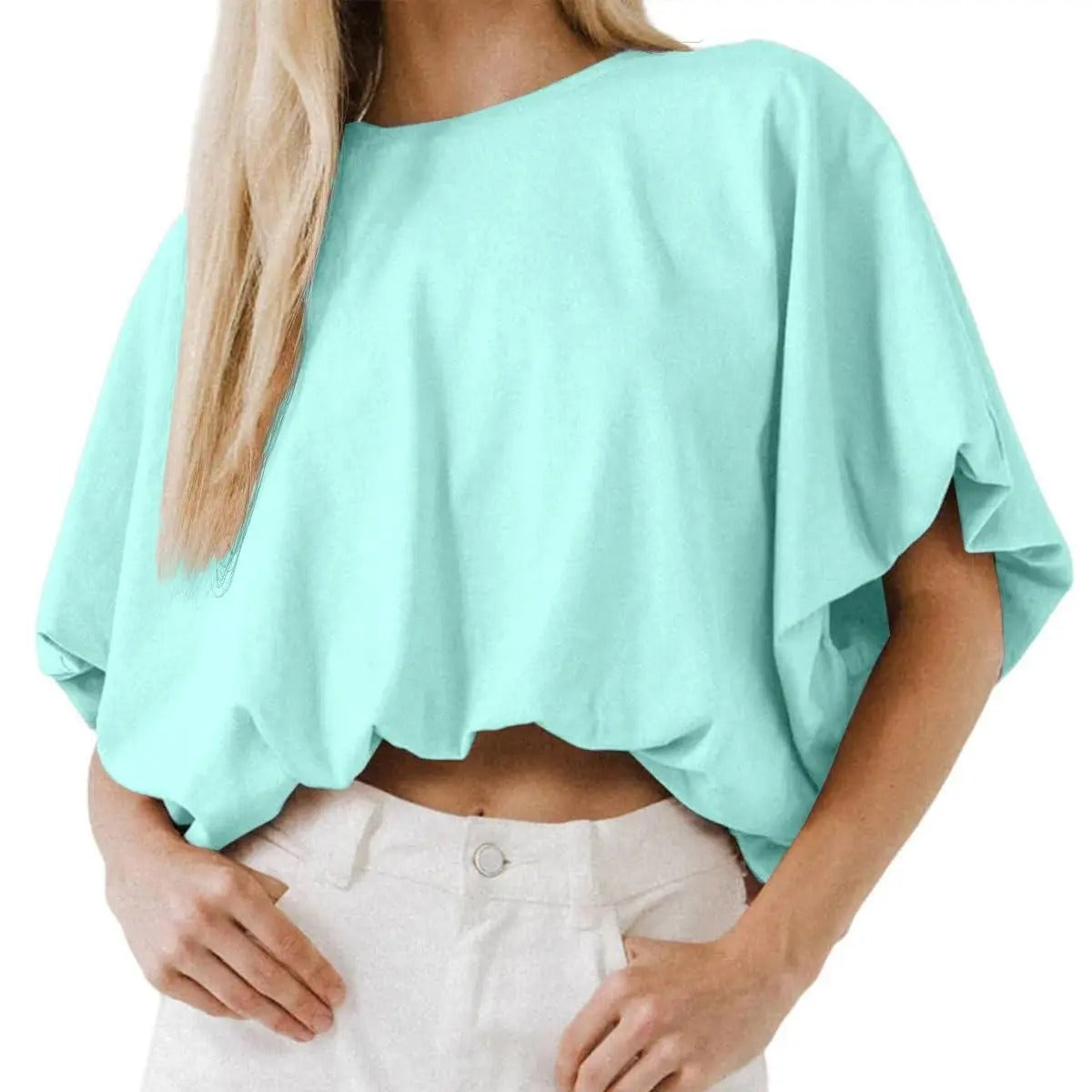 Top cropped feminino — mistura de algodão — mangas bufantes — verão