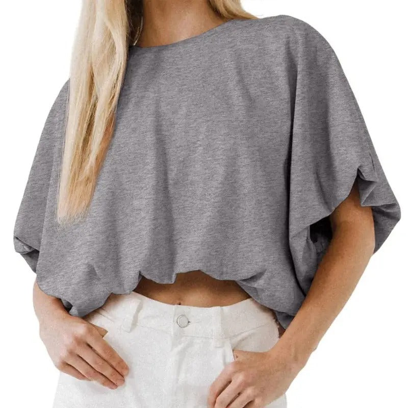 Top cropped feminino — mistura de algodão — mangas bufantes — verão