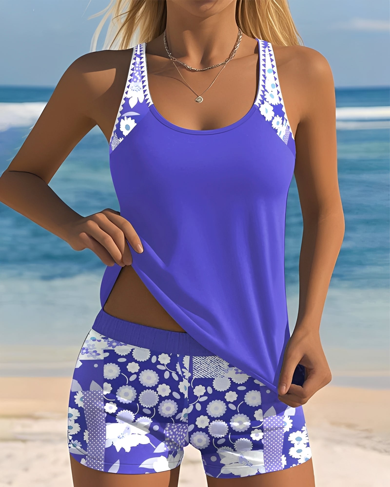 Costume da Spiaggia Tankini con Stampa Floreale e Slip Shorty da Bagno per Donna