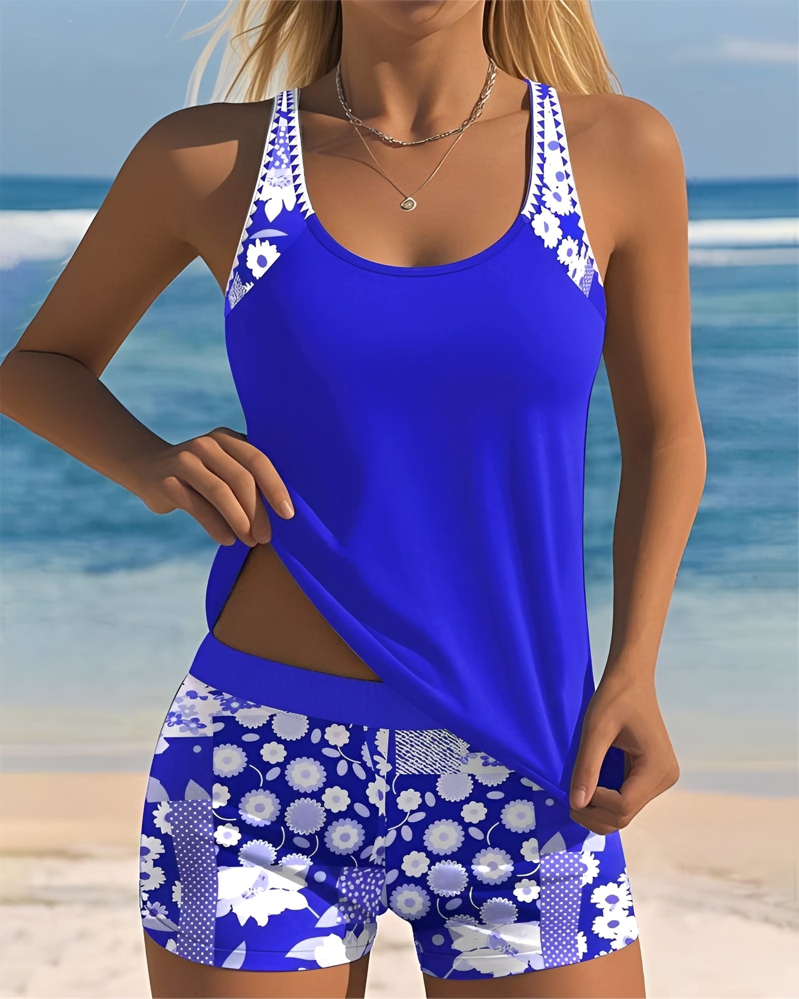 Costume da Spiaggia Tankini con Stampa Floreale e Slip Shorty da Bagno per Donna