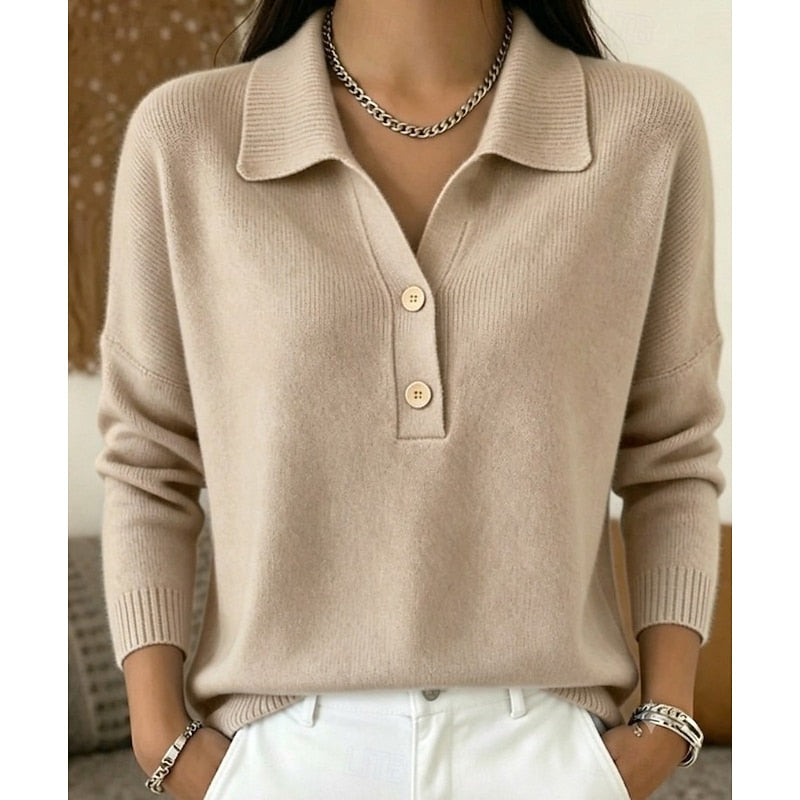 Suéter feminino com gola de camisa, para o dia a dia, abotoado, mangas longas, corte ajustado e tecido macio