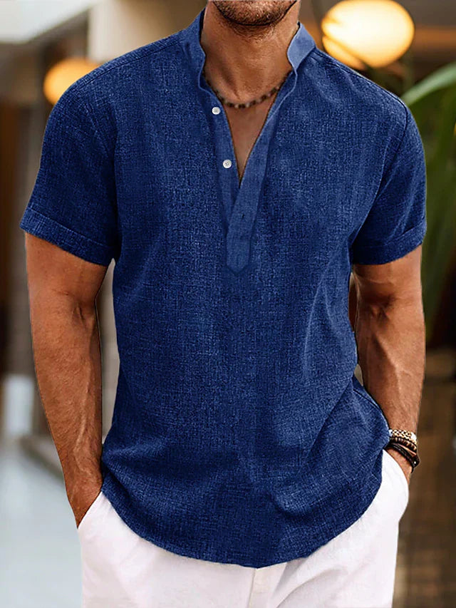 Camicia Henley in Cotone e Lino a Maniche Corte da Uomo