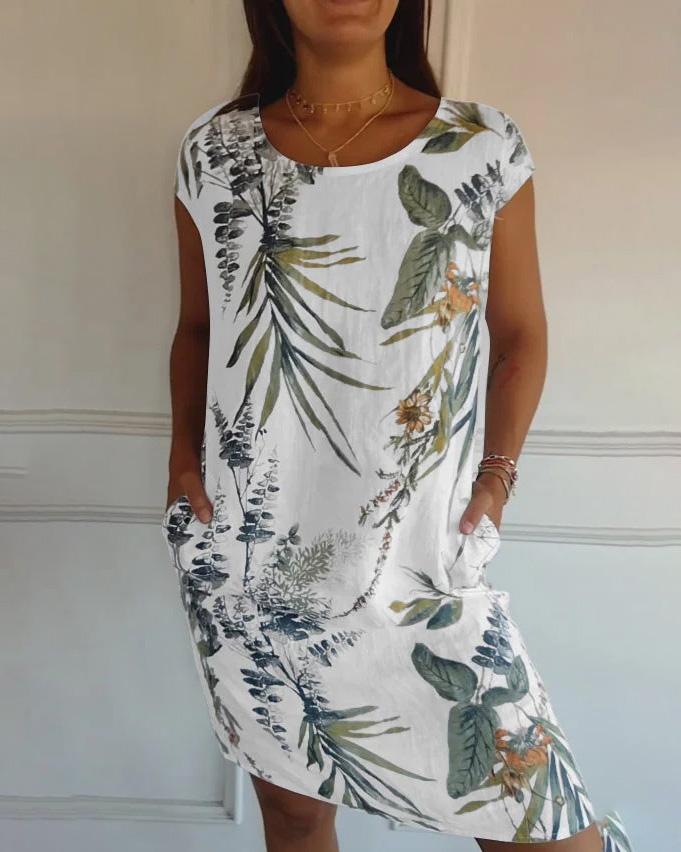 Robe d'été courte à fleurs pour femme avec poches et col rond en polyester