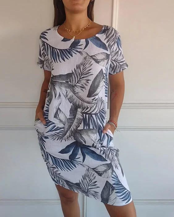 Robe d'été courte à fleurs pour femme avec poches et col rond en polyester