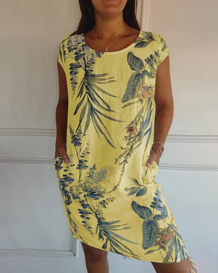 Robe d'été courte à fleurs pour femme avec poches et col rond en polyester