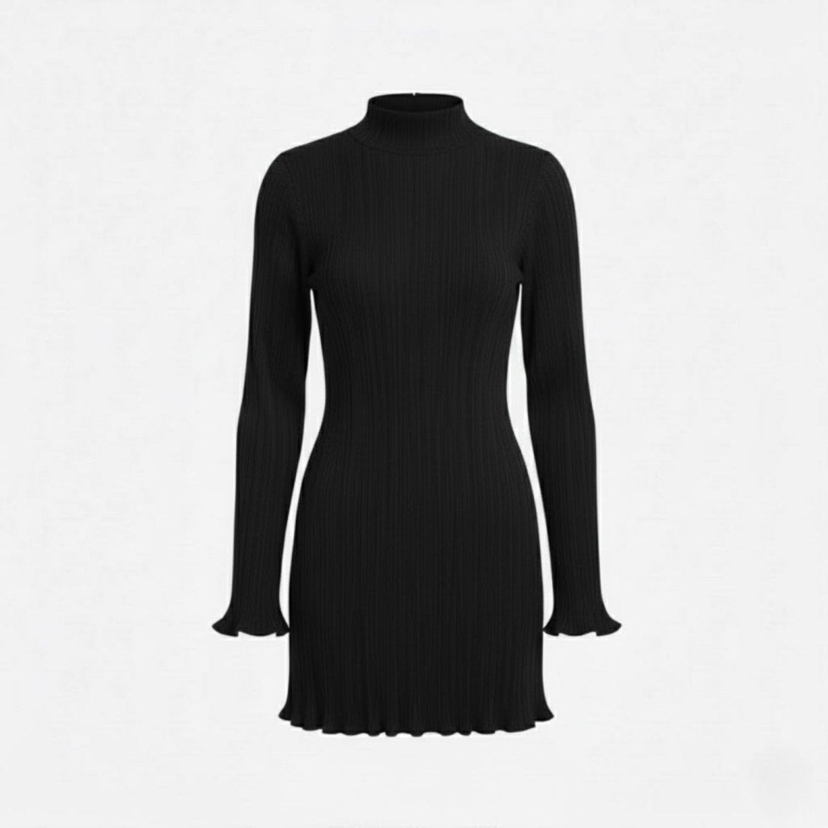 Robe Mini en Maille Côtelée à Col Montant et Manches Longues avec Bords Ondulés