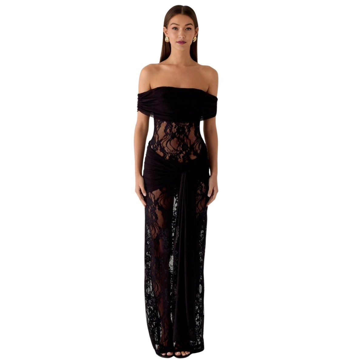 Long Lace Evening Dress with Off-Shoulder and Draped Bow