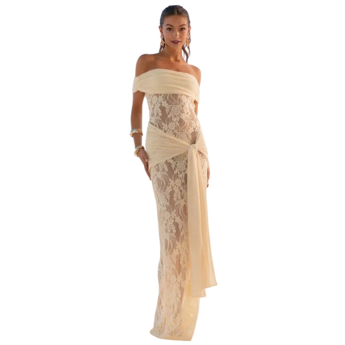 Long Lace Evening Dress with Off-Shoulder and Draped Bow