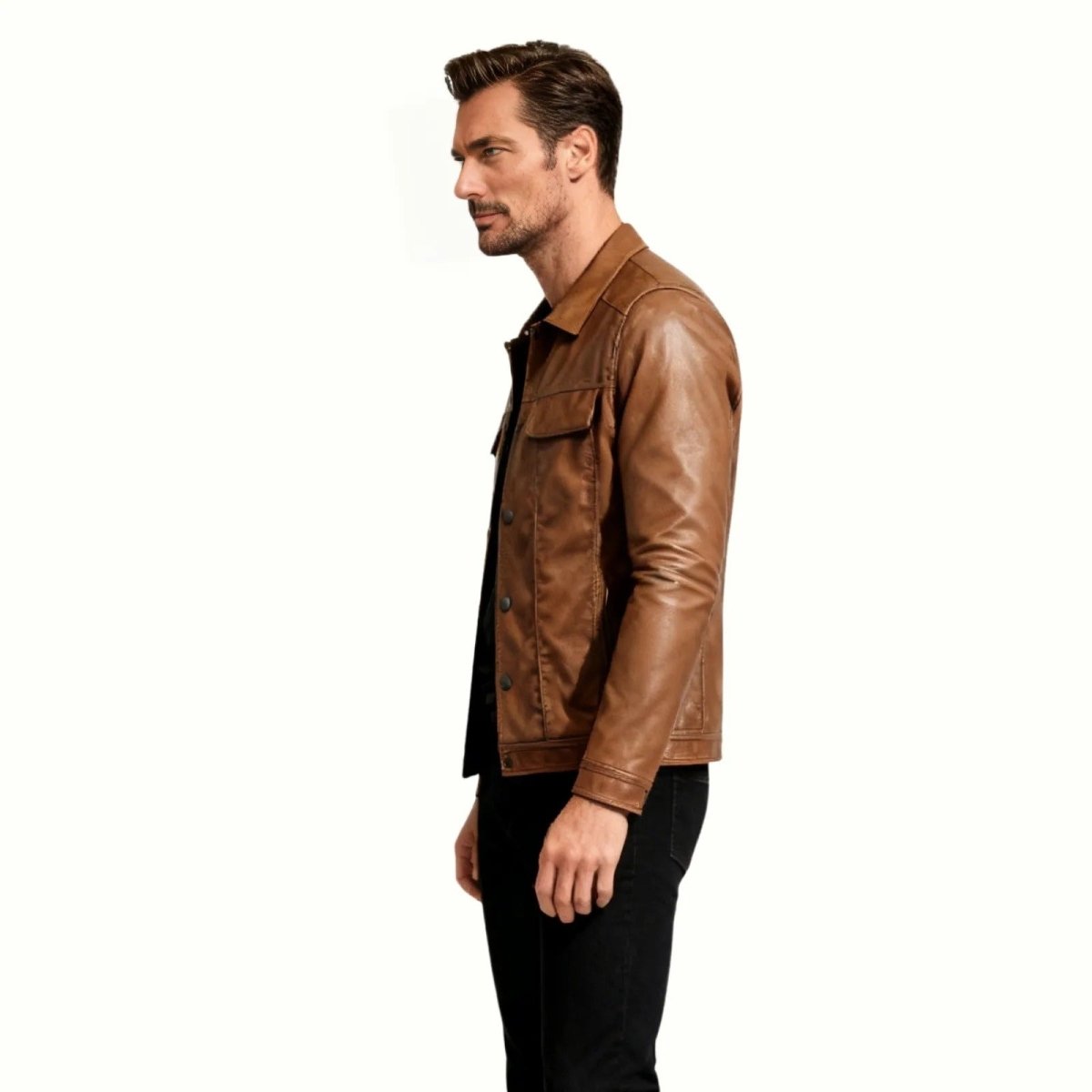 Blouson Trucker en Cuir Nappa d'Agneau Pleine Fleur pour Homme Coupe Ajustée