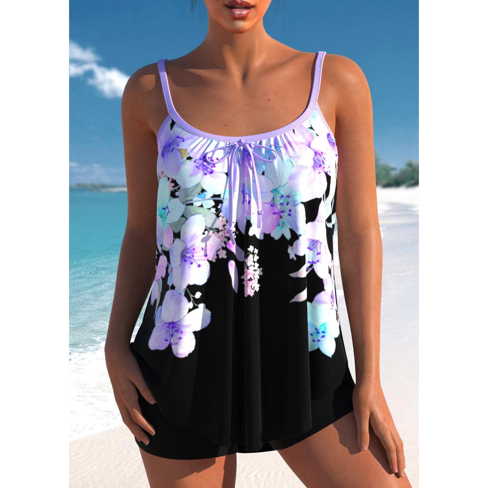 Maillot de Bain Tankini Taille Haute avec Haut Évasé et Short de Natation