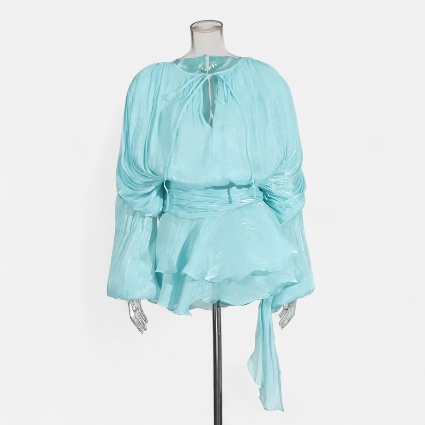 Velclairemode | Robe-Chemise Mini Femme Unie – Col V, Manches Longues, Détail Lacé & Design Structuré