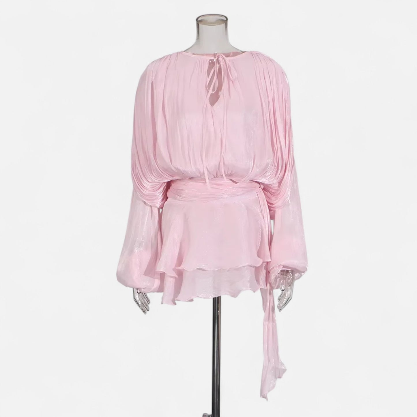 Velclairemode | Robe-Chemise Mini Femme Unie – Col V, Manches Longues, Détail Lacé & Design Structuré