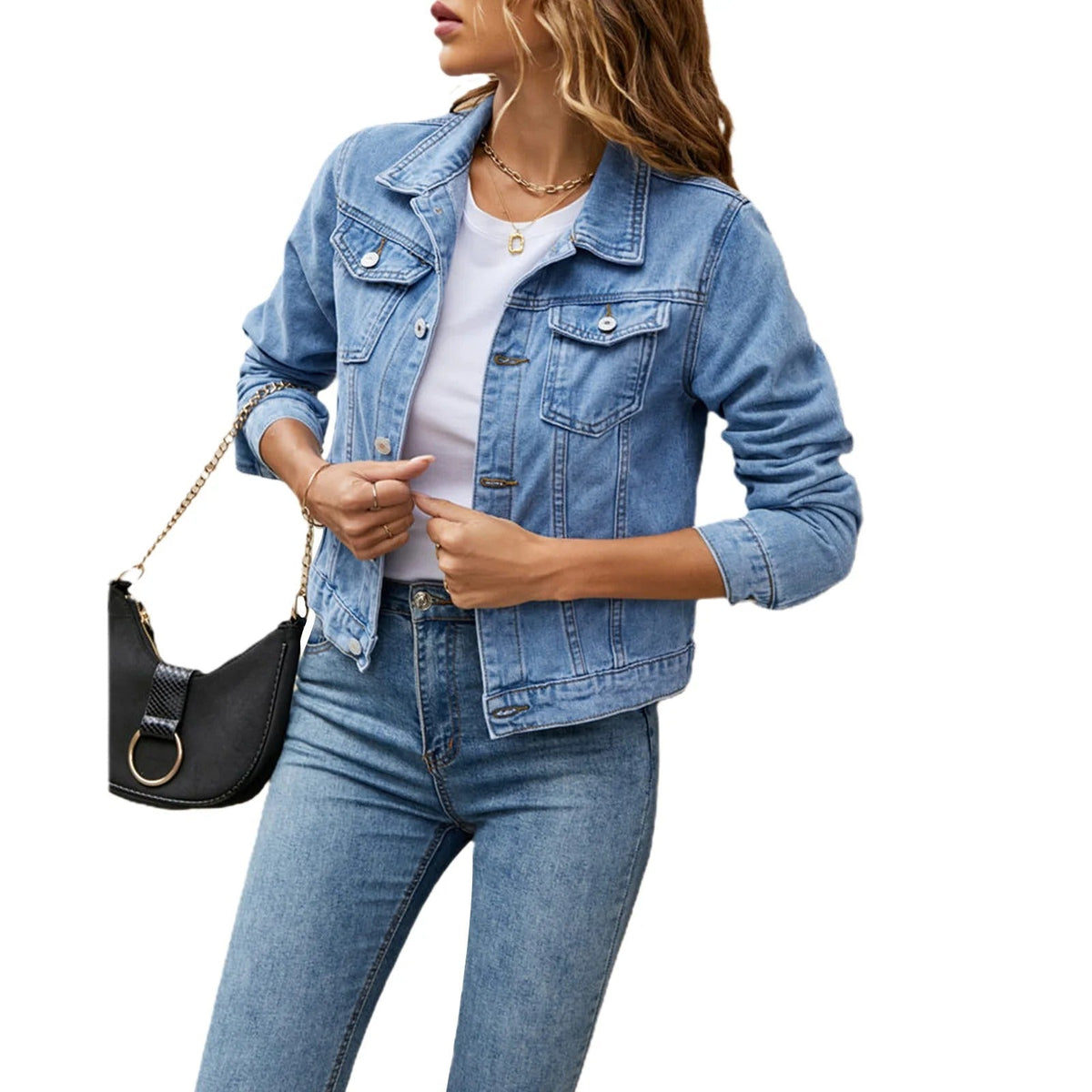 Women's Everyday Denim Jacket Cropped Fit Cotton Metallic Buttons Long Sleeves