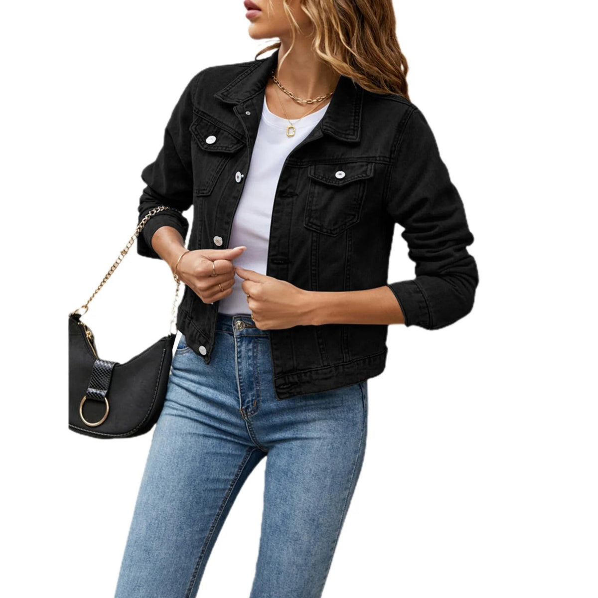 Women's Everyday Denim Jacket Cropped Fit Cotton Metallic Buttons Long Sleeves