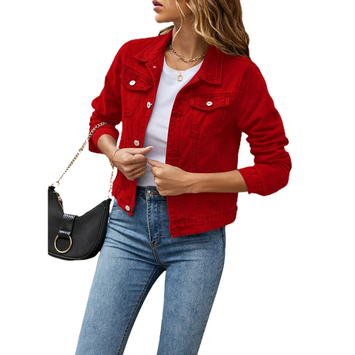 Women's Everyday Denim Jacket Cropped Fit Cotton Metallic Buttons Long Sleeves