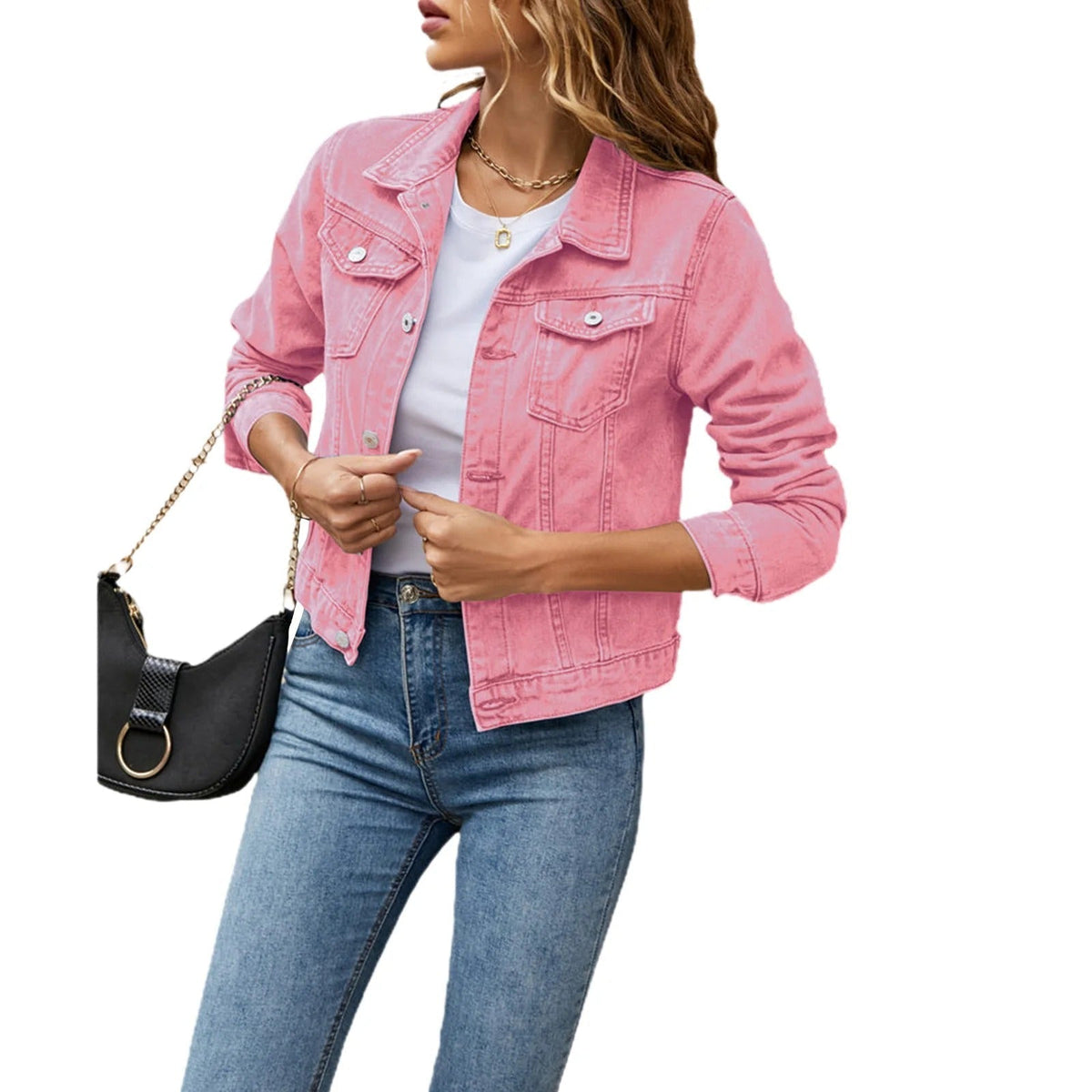 Women's Everyday Denim Jacket Cropped Fit Cotton Metallic Buttons Long Sleeves