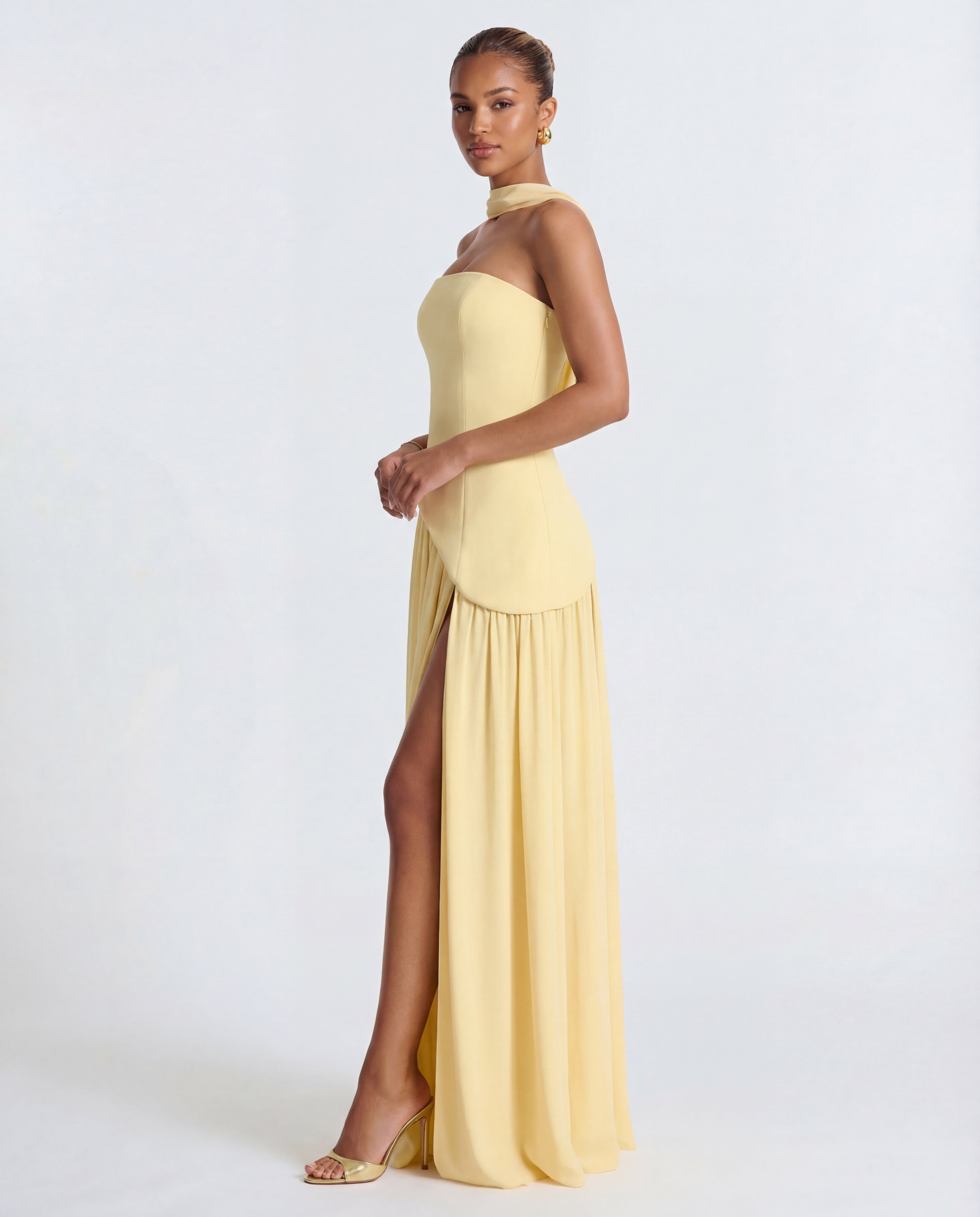 Long women's dress — strapless bustier and draped neckline | evening outfit