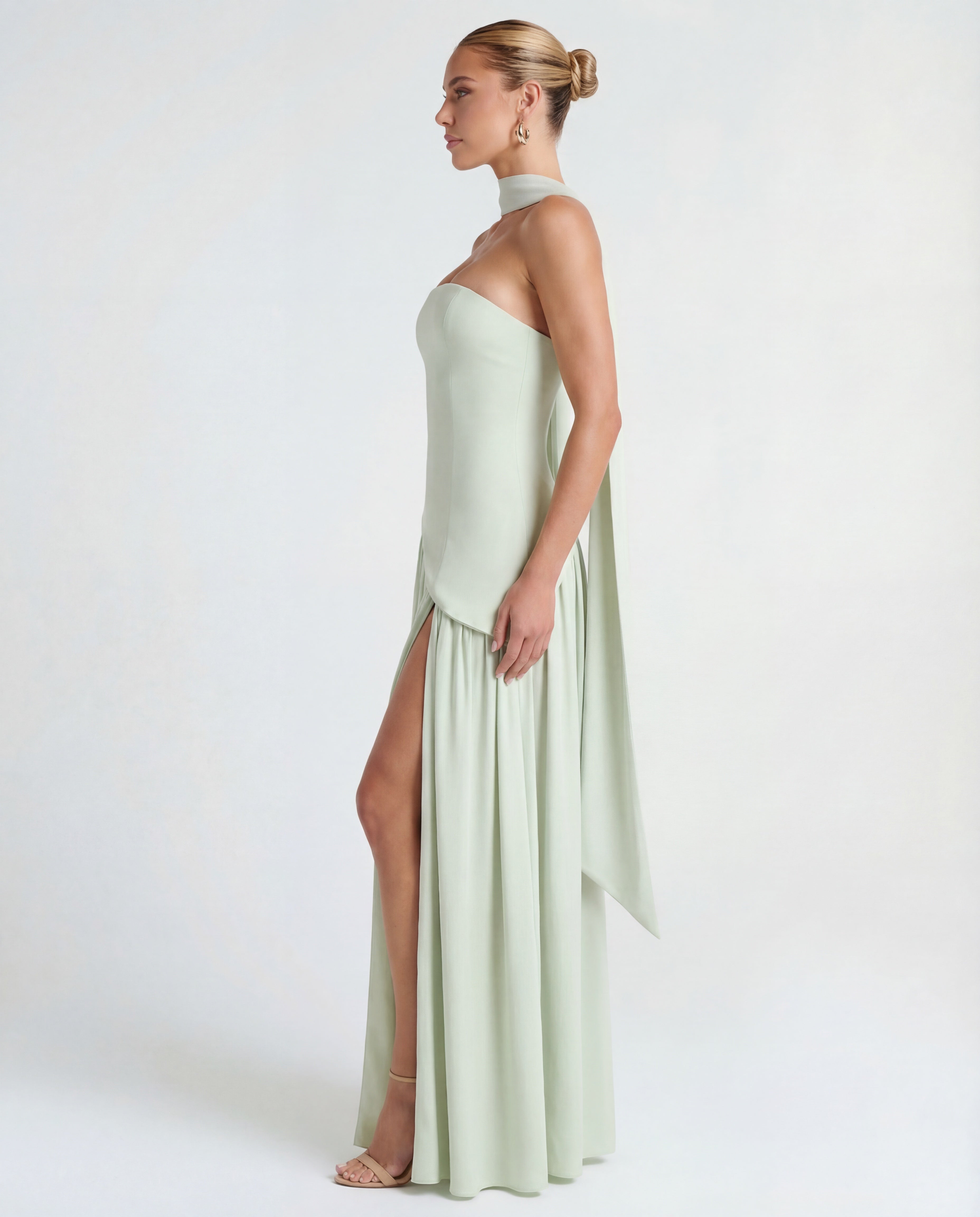 Long women's dress — strapless bustier and draped neckline | evening outfit