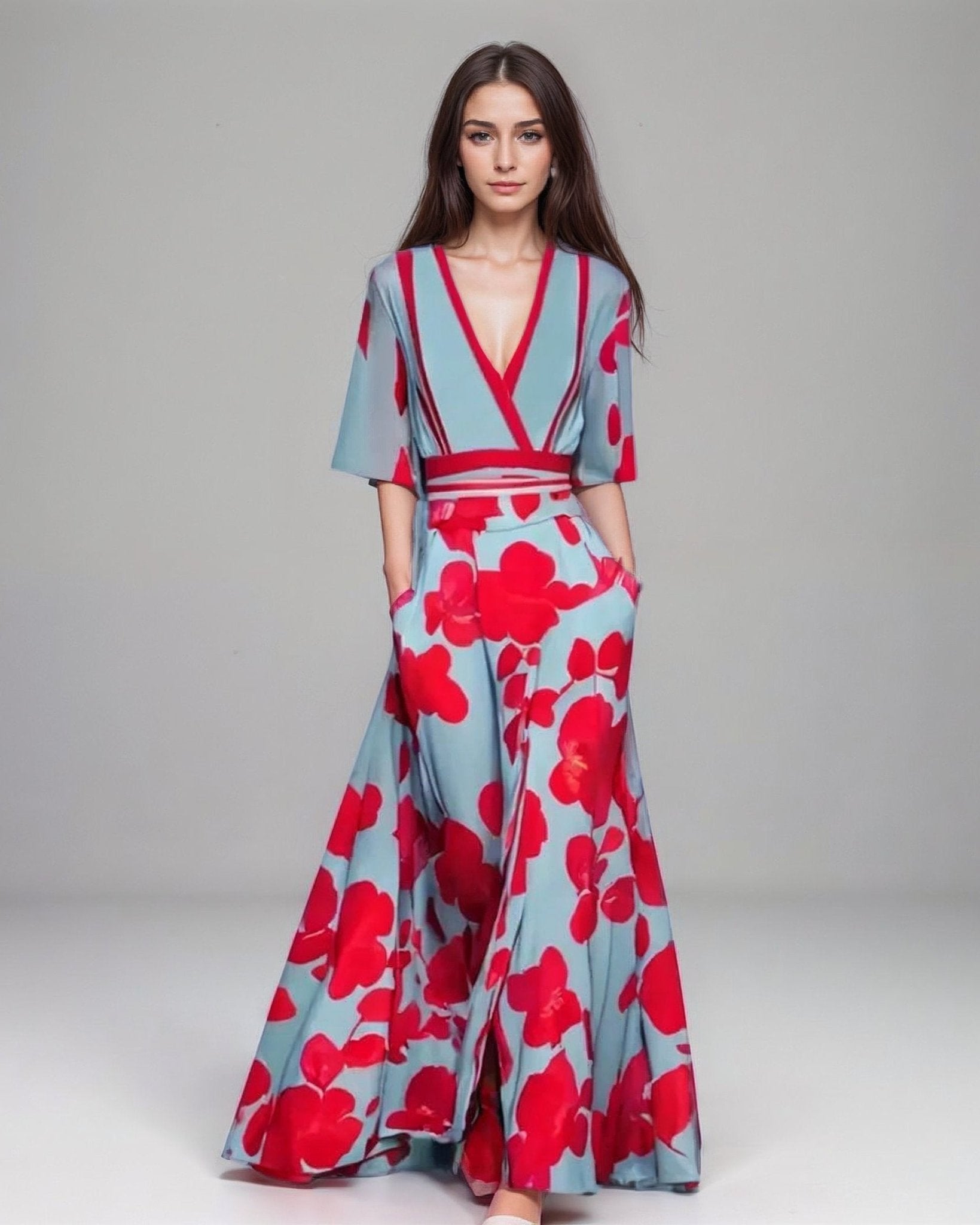 Robe Longue Évasée à Imprimé Floral avec Col en V et Manches Demi-Longues