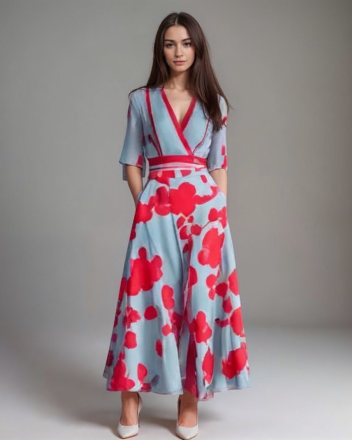 Robe Longue Évasée à Imprimé Floral avec Col en V et Manches Demi-Longues