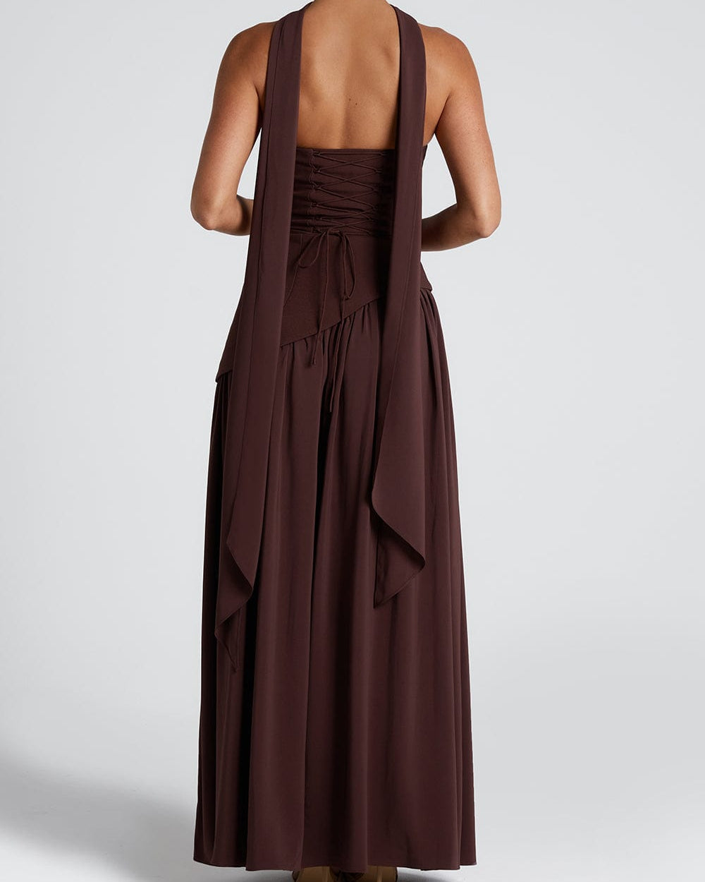 Long women's dress — strapless bustier and draped neckline | evening outfit