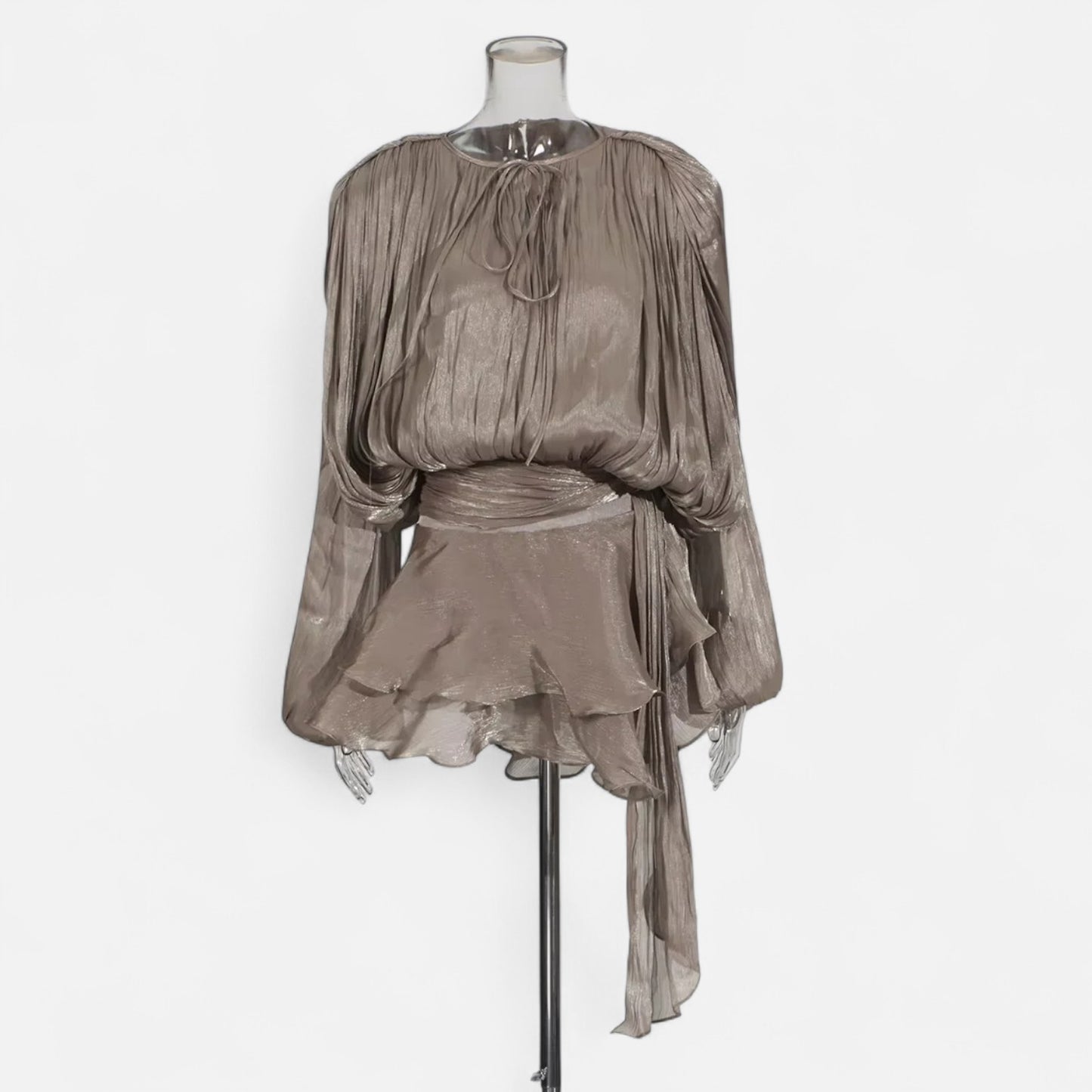 Velclairemode | Robe-Chemise Mini Femme Unie – Col V, Manches Longues, Détail Lacé & Design Structuré