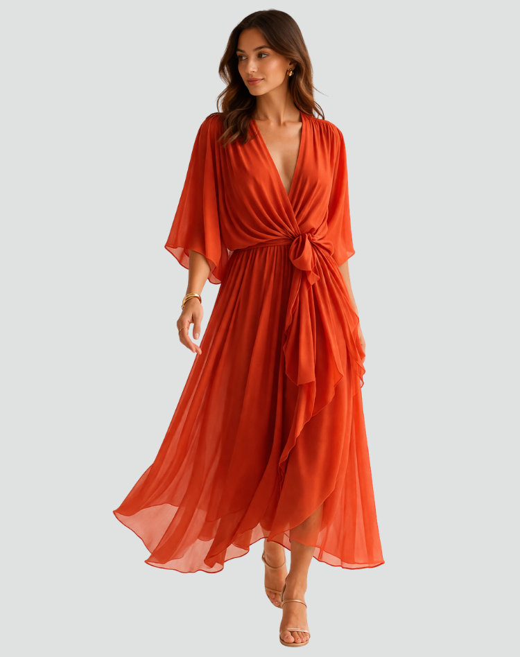 Robe Midi Croisée À Taille Nouée