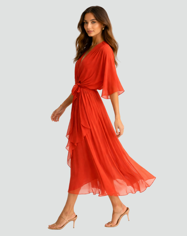 Robe Midi Croisée À Taille Nouée