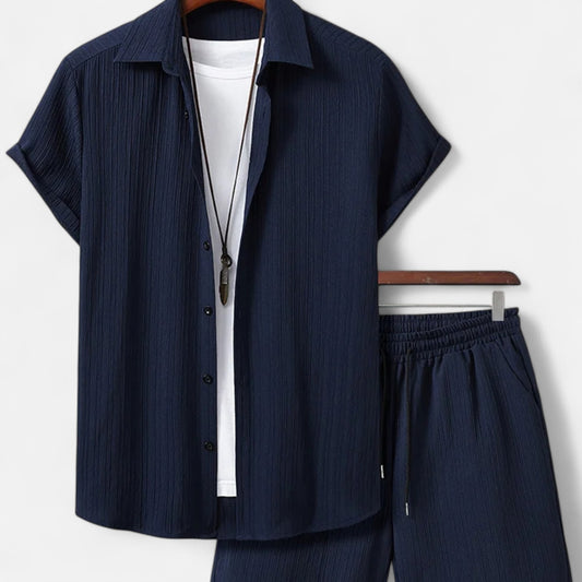 Velclairemode | Ensemble Homme Rayé en Jacquard – Chemise & Short, Élégance Graphique Estivale
