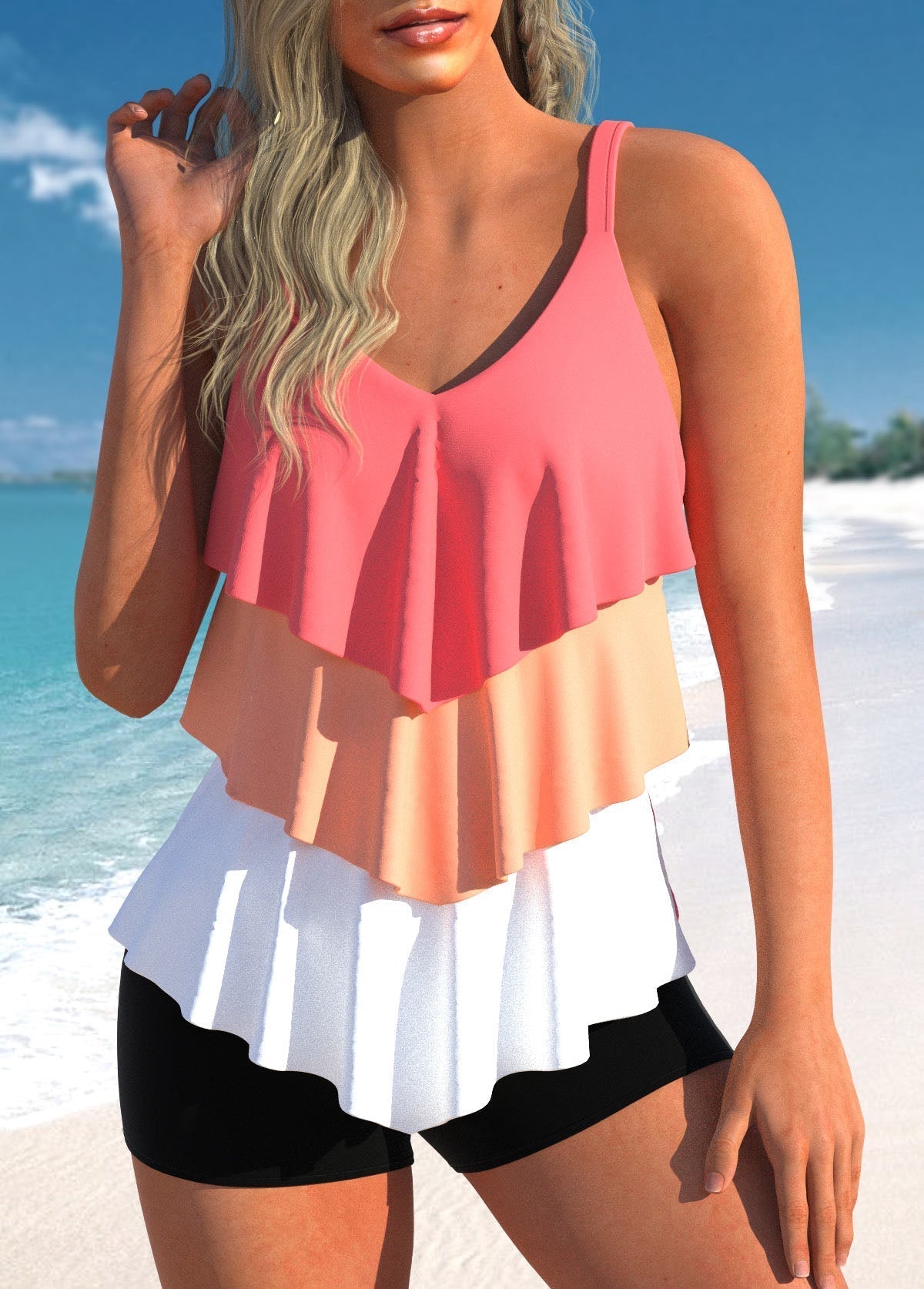 Maillot de Bain Tankini Taille Haute avec Haut Évasé et Short de Natation